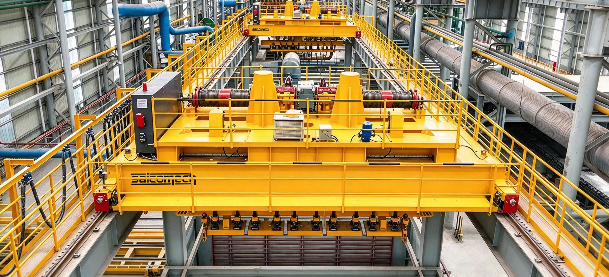 Puente grúa industrial en funcionamiento dentro de un taller